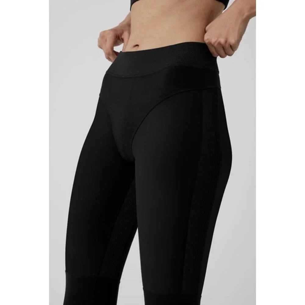 Alo Alosoft High Waist Head Start Leggings Women's Sz M Black 80s Bikini Seaming